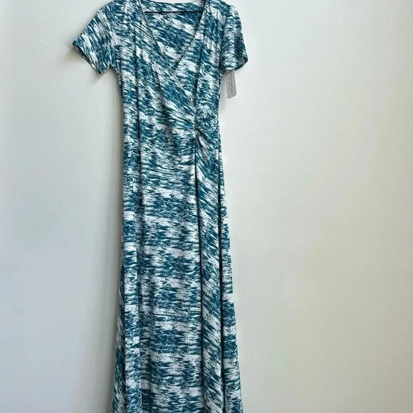 New Soft Surroundings Joanna Faux Wrap Jersey Maxi Dress Teal Cream Abstract - Picture 4 of 15